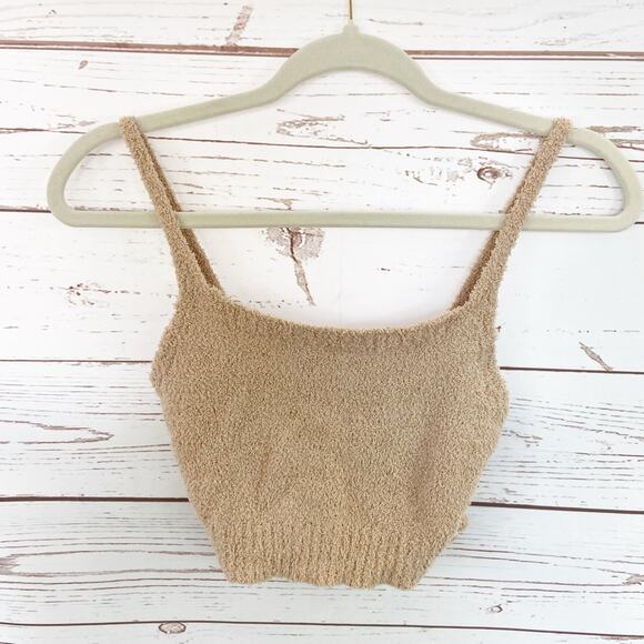 Windsor S Cream Nude Cozy Soft Chenille Spaghetti Strap Square Neck Crop PJ Top - Picture 2 of 7